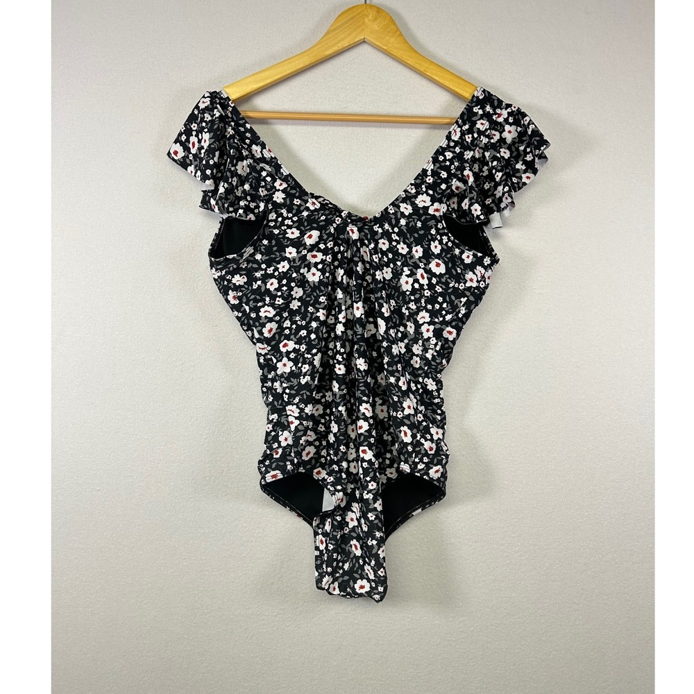 Flirty Floral One Piece Swimsuit Womens 0XL Black Ruffle Tie Front V-Neck